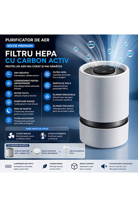Flexon Purificator Aer Compact HEPA Carbon Activ Ionizare USB-C