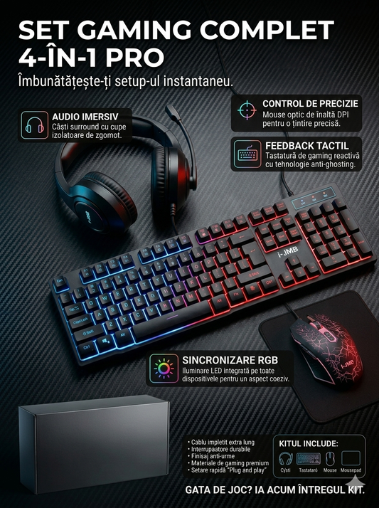 Set Gaming Complet 4-în-1: Tastatură Multicolore LED, Mouse Ergonomic 2400 DPI, Căști HD 360° și Mousepad, Plug & Play