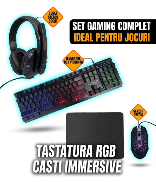 Set Gaming Complet 4-în-1: Tastatură Multicolore LED, Mouse Ergonomic 2400 DPI, Căști HD 360° și Mousepad, Plug & Play