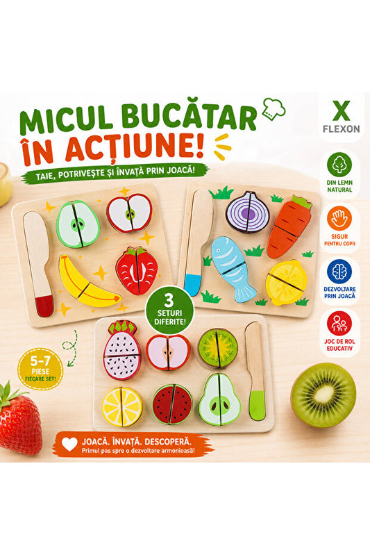 Set Montessori Fructe și Legume din Lemn pentru Tăiat