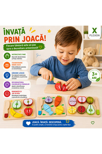 Set Montessori Fructe și Legume din Lemn pentru Tăiat