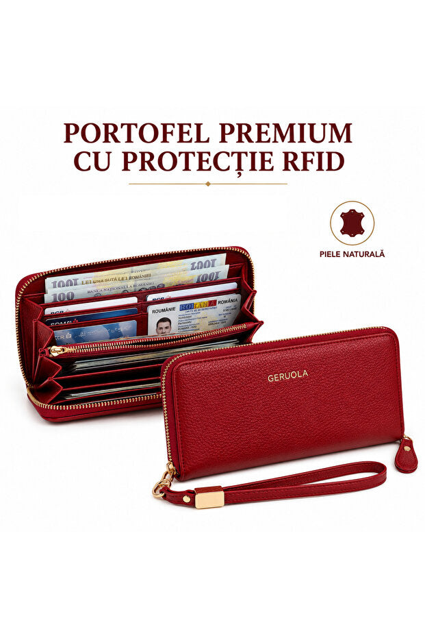 Flexon Portofel Damă din Piele Naturală cu Protecție RFID Roșu