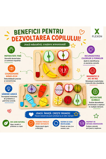 Set Montessori Fructe și Legume din Lemn pentru Tăiat