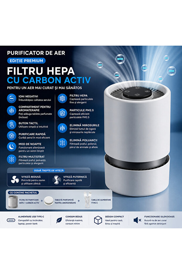 Flexon Purificator Aer Compact HEPA Carbon Activ Ionizare USB-C
