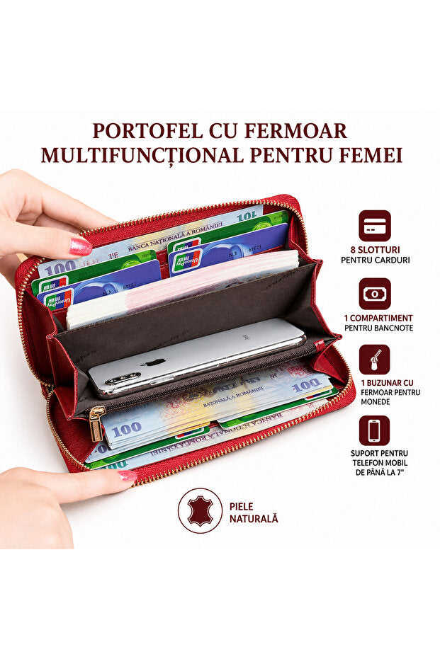 Flexon Portofel Damă din Piele Naturală cu Protecție RFID Roșu