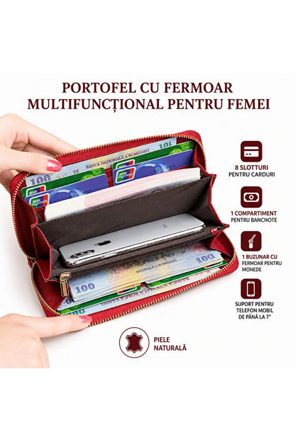 Flexon Portofel Damă din Piele Naturală cu Protecție RFID Roșu