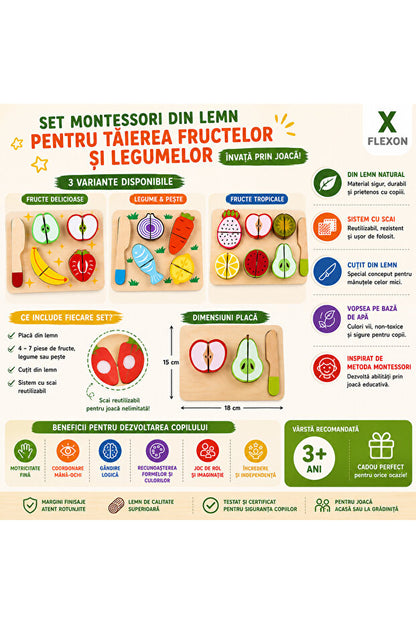 Set Montessori Fructe și Legume din Lemn pentru Tăiat