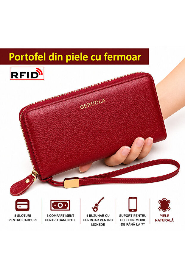 Flexon Portofel Damă din Piele Naturală cu Protecție RFID Roșu