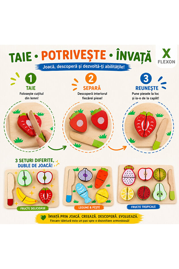 Set Montessori Fructe și Legume din Lemn pentru Tăiat