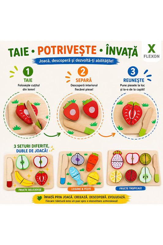 Set Montessori Fructe și Legume din Lemn pentru Tăiat