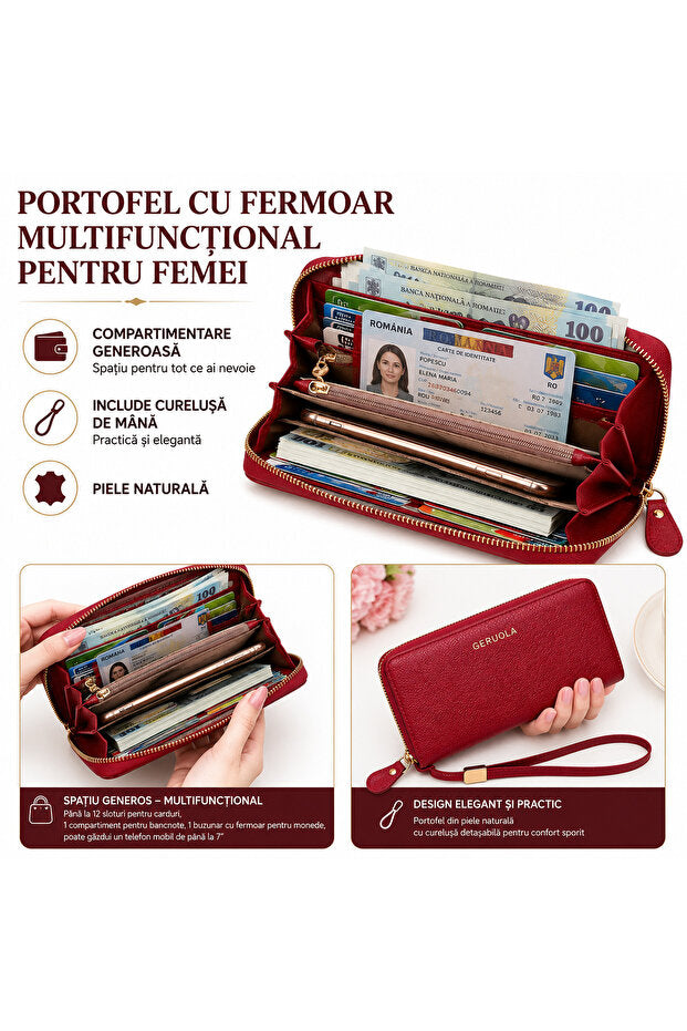 Flexon Portofel Damă din Piele Naturală cu Protecție RFID Roșu