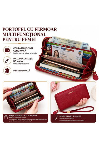 Flexon Portofel Damă din Piele Naturală cu Protecție RFID Roșu