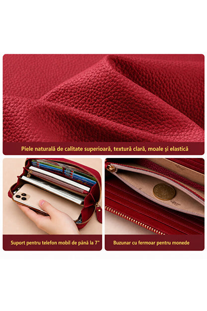 Flexon Portofel Damă din Piele Naturală cu Protecție RFID Roșu