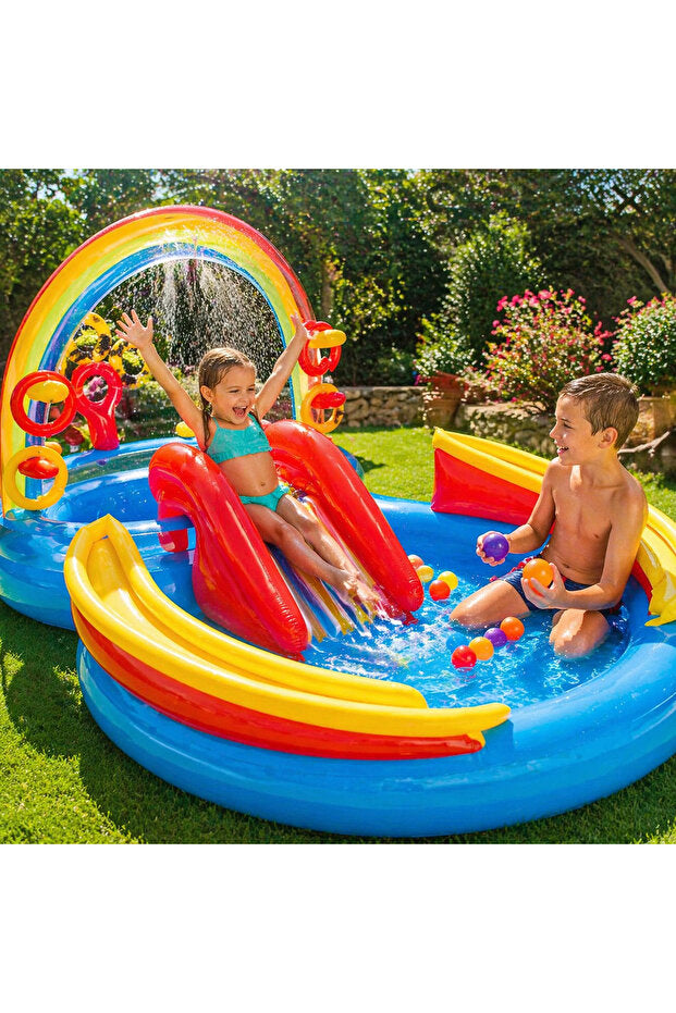 Piscină Gonflabilă Intex Rainbow Ring Play Center cu Tobogan și Jocuri