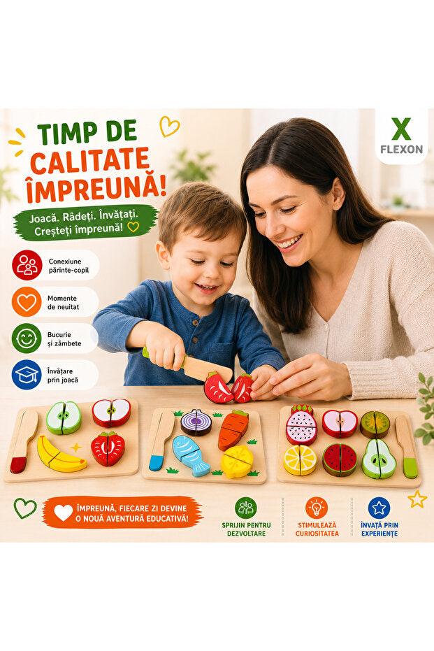 Set Montessori Fructe și Legume din Lemn pentru Tăiat