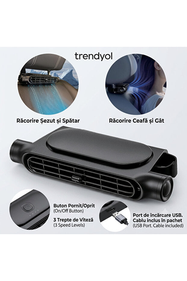 Ventilator Auto Tetiere Flexon USB 3 Viteze Răcire Rapidă Negru