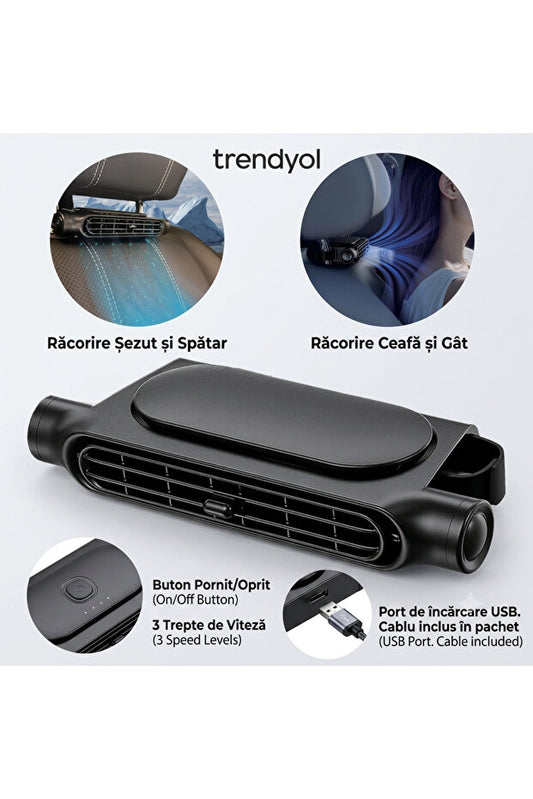Ventilator Auto Tetiere Flexon USB 3 Viteze Răcire Rapidă Negru