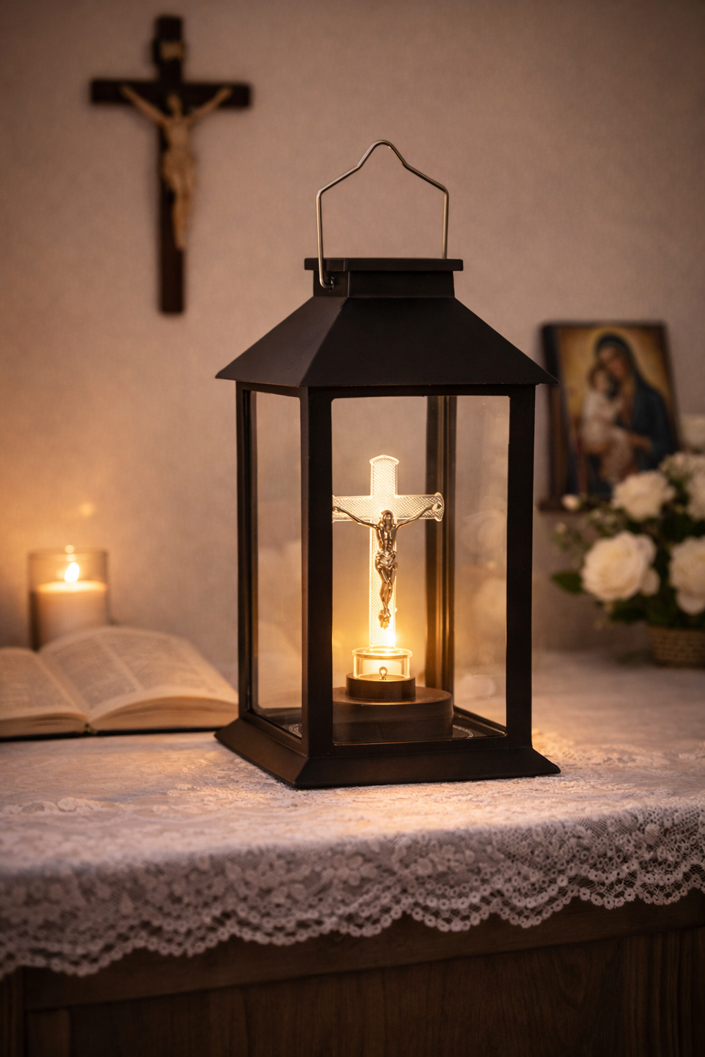 Felinar Solar cu Iisus – Lumină de Veghe care Nu se Stinge