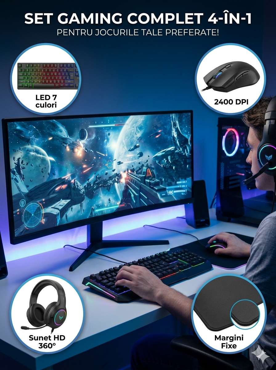 Set Gaming Complet 4-în-1: Tastatură Multicolore LED, Mouse Ergonomic 2400 DPI, Căști HD 360° și Mousepad, Plug & Play
