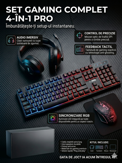 Set Gaming Complet 4-în-1: Tastatură Multicolore LED, Mouse Ergonomic 2400 DPI, Căști HD 360° și Mousepad, Plug & Play