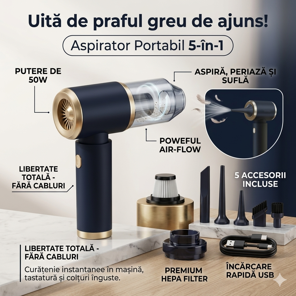Aspirator Electric 5-in-1 Reîncărcabil 50W cu 5 Duze USB