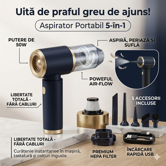 Aspirator Electric 5-in-1 Reîncărcabil 50W cu 5 Duze USB