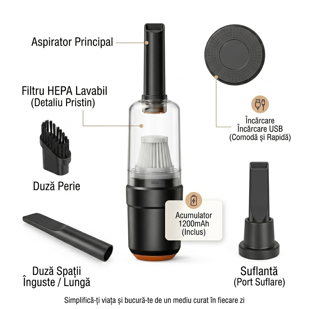 Aspirator Portabil Mini 2 în 1 USB 1200mAh cu Accesorii