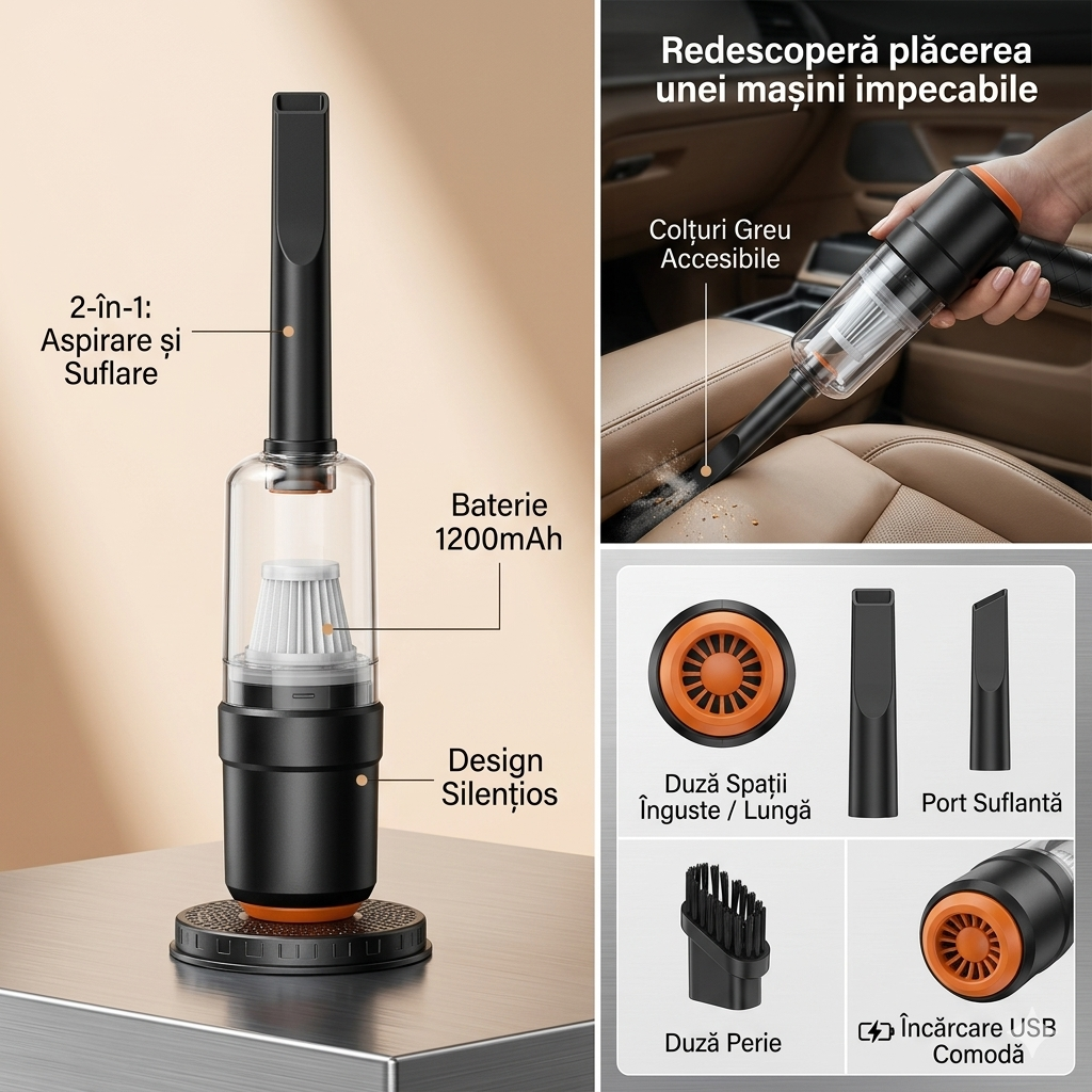 Aspirator Portabil Mini 2 în 1 USB 1200mAh cu Accesorii