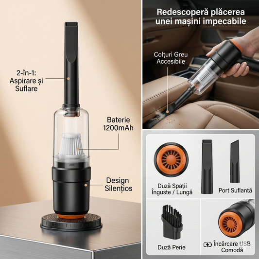 Aspirator Portabil Mini 2 în 1 USB 1200mAh cu Accesorii