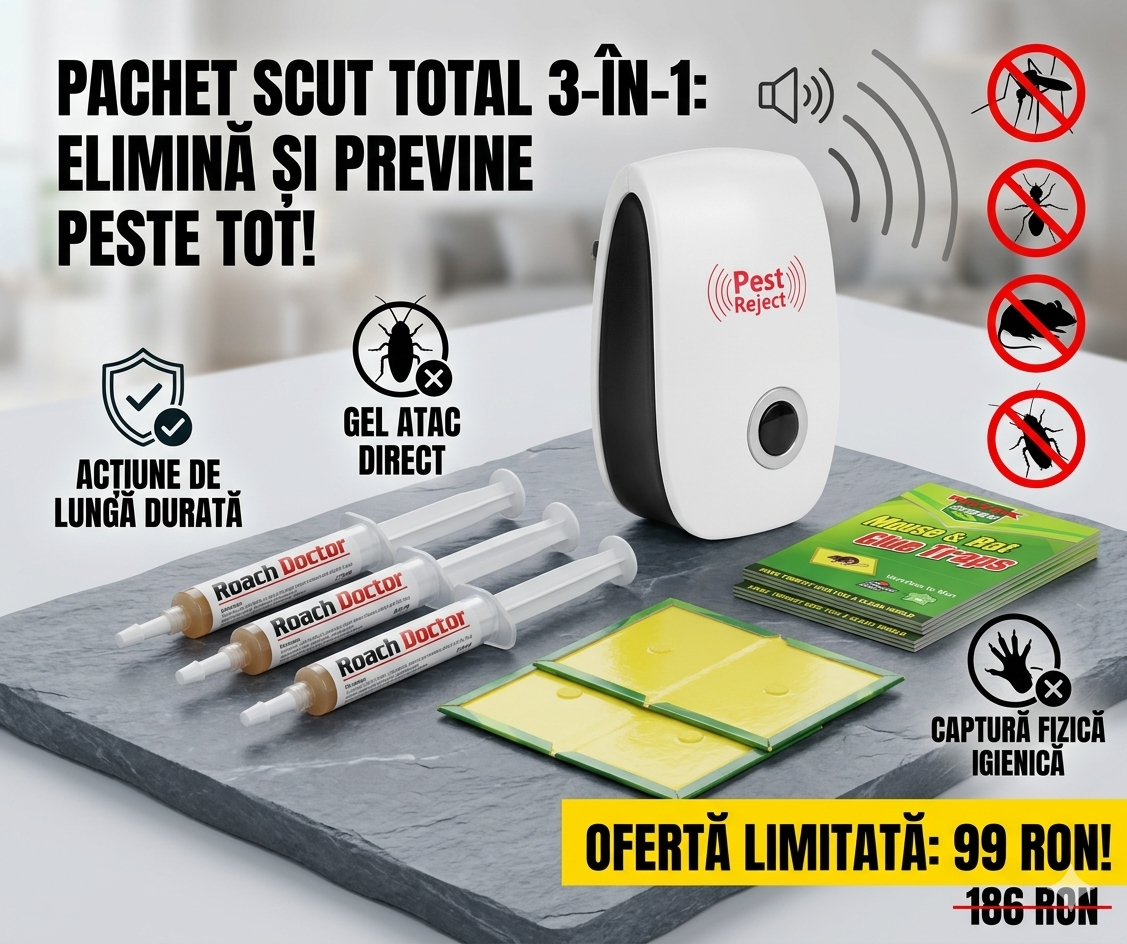 Kit Complet Anti-Dăunători 8 Piese – Aparat Ultrasonic + Gel Gândaci + Capcane Șoareci | Pachet Scut Total