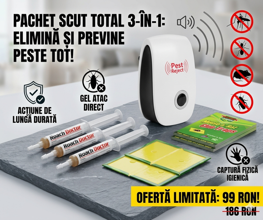 Kit Complet Anti-Dăunători 8 Piese – Aparat Ultrasonic + Gel Gândaci + Capcane Șoareci | Pachet Scut Total