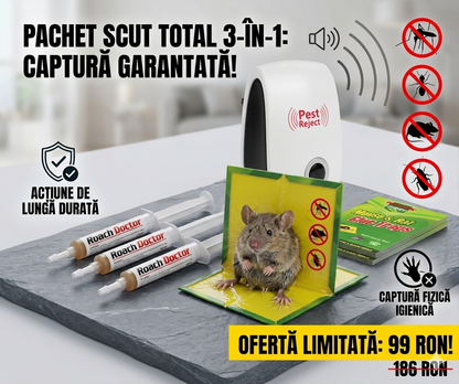 Kit Complet Anti-Dăunători 8 Piese – Aparat Ultrasonic + Gel Gândaci + Capcane Șoareci | Pachet Scut Total