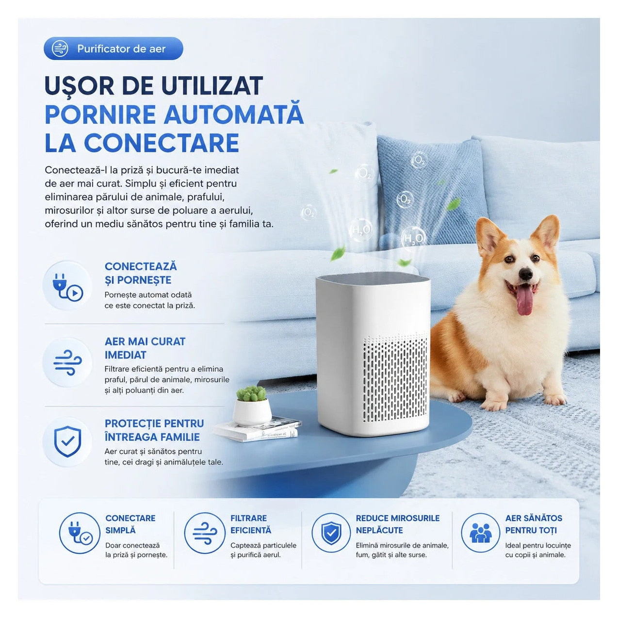 Flexon Purificator Aer Compact HEPA Ionizare USB Birou Mașină Alb