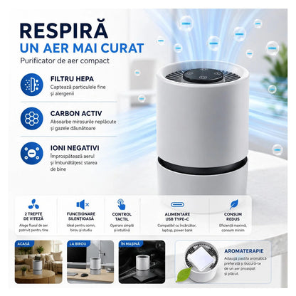 Flexon Purificator Aer Compact HEPA Ionizare USB Birou Mașină Alb