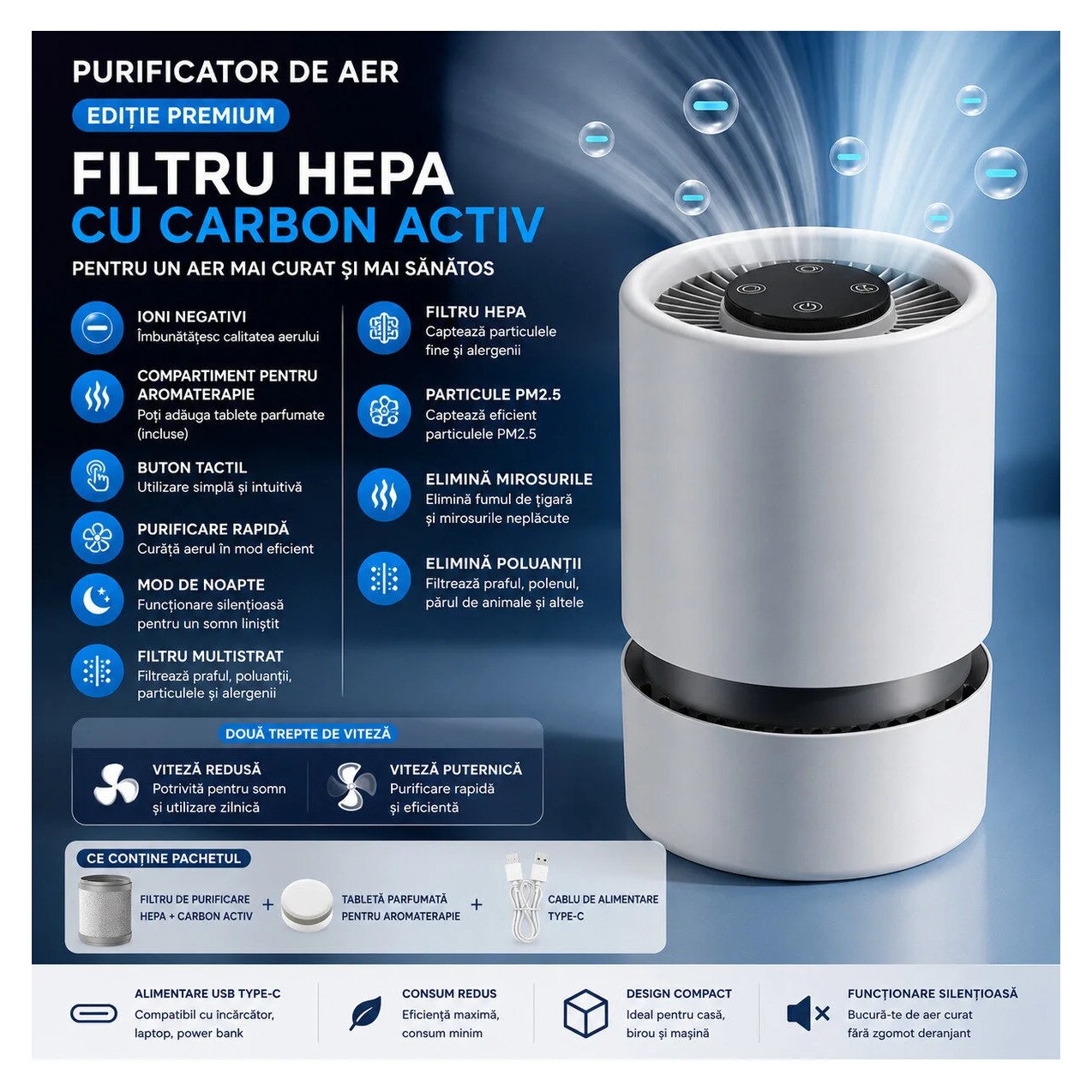 Flexon Purificator Aer Compact HEPA Ionizare USB Birou Mașină Alb
