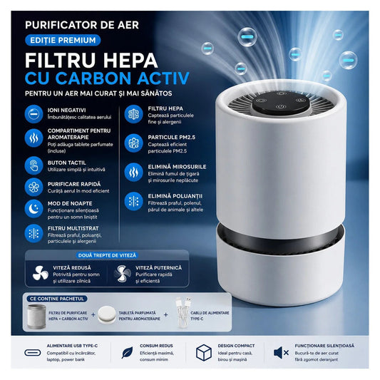 Flexon Purificator Aer Compact HEPA Ionizare USB Birou Mașină Alb